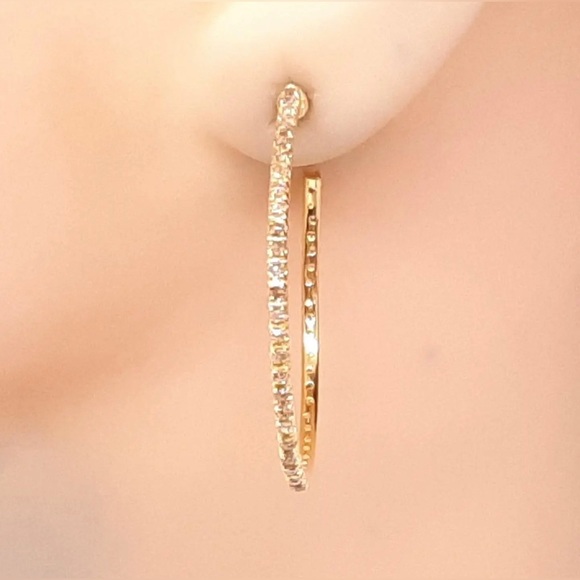 1.00ctw Natural H-SI Diamond 14K Yellow Gold over 925 Hoop Earrings - Picture 3 of 5